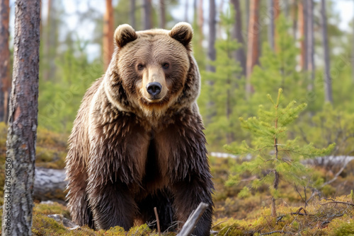 A fierce ursus arctos or giant brown bear walks through the green abundant pine forest. Generative AI.