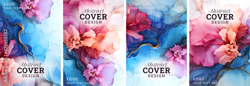 Colorful artistic cover template set, Luxury nature leaves pattern design, leaf line art, Hand drawn outline design for fabric, print, background, cover, banner and invitation photo