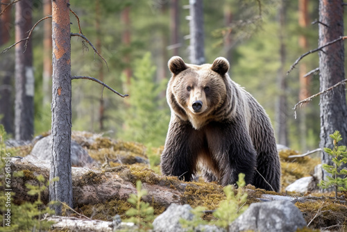 A fierce ursus arctos or giant brown bear walks through the green abundant pine forest. Generative AI.