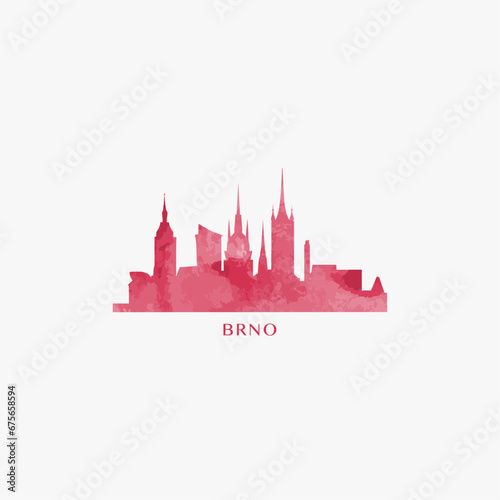 Brno watercolor cityscape skyline city panorama vector flat modern logo, icon. Czech Republic town emblem concept with landmarks and building silhouettes. Isolated red graphic