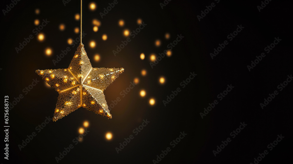 Golden Christmas star on black background with bokeh effect. Golden Christmas star on black background with bokeh effect.