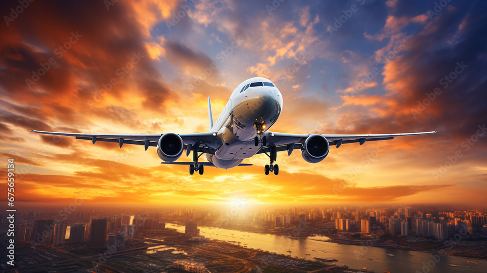 Fototapeta premium Beautiful panoramic airplane flying above the city