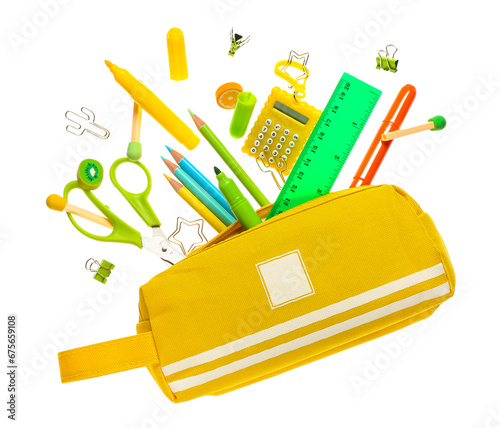 Pencil case with colorful stationery flying on white background