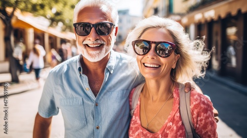 Old man with wife wearing sunglasses walk smiling on vacation. Senior husband hugging mature wife in bright hat while walking in touristic city center having rest on summer vacation.