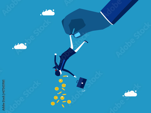 Debt or interest on a loan to pay. greedy businessman grabs the little guy to get all the money. vector © Nastudio