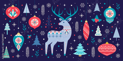 Greeting Christmas card banner for the New Year holiday with decorative deer in patterns on a blue background with fir branches, snowflakes, Christmas tree toys and fir trees. Flat vector illustration