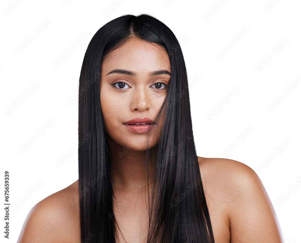 Beauty, hair and portrait of woman with shampoo results on isolated, transparent or png background. Haircare, texture and face of Indian female model with luxury volume, growth and keratin shine Beauty, hair and portrait of woman with shampoo results on isolated, transparent or png background. Haircare, texture and face of Indian female model with luxury volume, growth and keratin shine