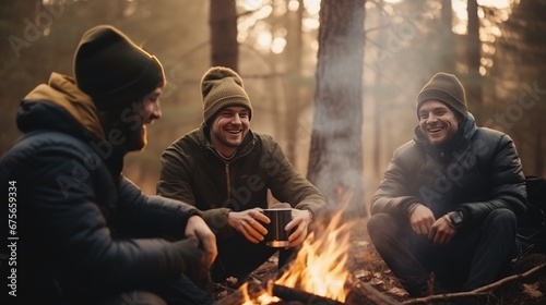 Men with beards congregate around campfire sharing stories to make night memorable. Group of bearded hikers with hands in pockets comes around fire enjoying conversation by tent in autumn forest