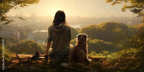 The park scene unfolds with a woman and her helper dog, a partnership of trust and companionship photo