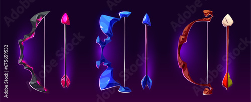 Magic game bows, arrows isolated on background. Vector cartoon illustration of ancient weapon, prehistoric and ancient crossbows, archery, war or hunting tools, medieval game props, ui design elements