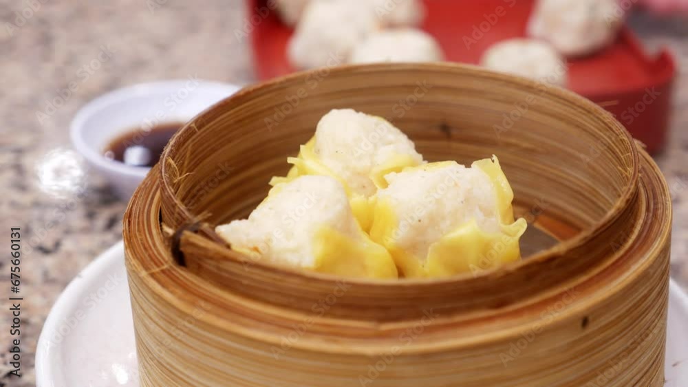 Thai steamed dumplings gently cooked in bamboo steamer served in a plate, Thai steamed dumplings gently cooked in bamboo steamer served in a plate,