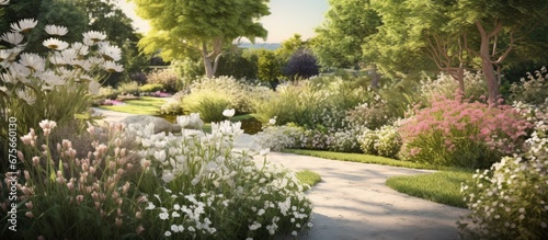 The summer landscape design featured a beautiful floral illustration with a white flower as the focal point adding to the natural beauty of the garden while the background texture added dep