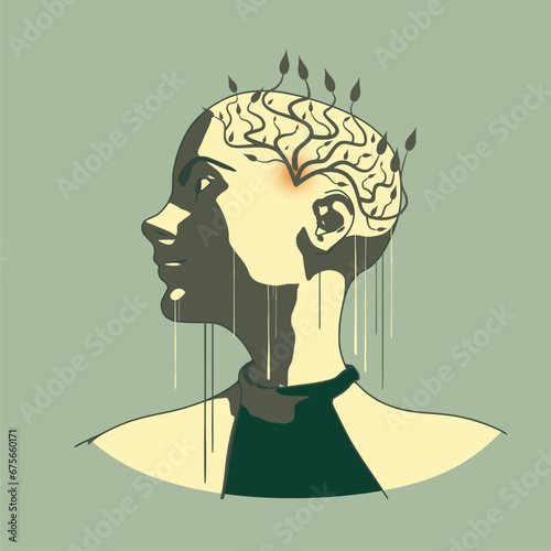 Psychotherapy, stress and psychosis. A woman head in profile with tree as tangle of nerves. Active mental, intellectual and thinking. Intelligence and knowledge development with brain performance
