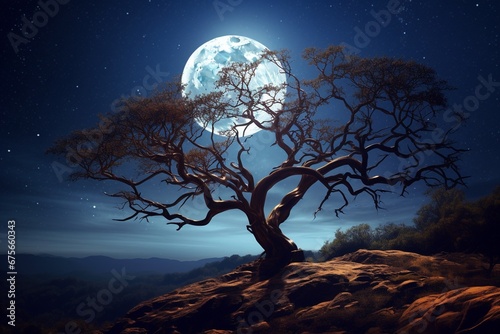 Un árbol en otoño con la Luna llena de fondo. Paisaje desértico de noche