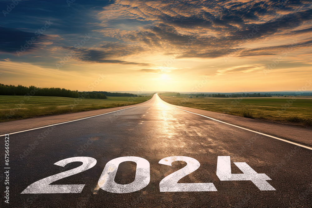 2024 New Year Beginning Concept: '2024' Written on a Straight Asphalt Road to Mountain Horizon with Sunset Mountain Background. Beautiful Evening with Copy Space for Text, Banner, or Poster