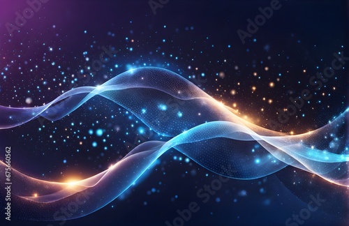 Abstract purple-blue background with glowing particles, waves, and stars. Starscapes, cosmos, science, galaxy, futuristic world. Designed for banners, wallpaper.