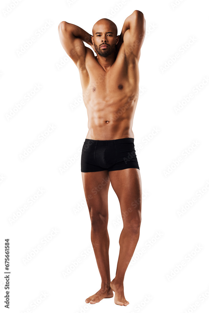 Health, muscle and portrait of man in underwear on isolated, png and transparent background. Fitness, wellness and muscular body of person pose for strength, bodybuilder training and confidence