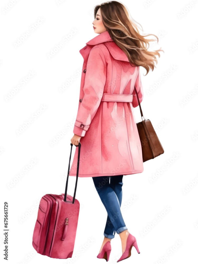 Watercolor woman carry luggage on white background. A travel lady isolated. Watercolor woman carry luggage on white background. A travel lady isolated.