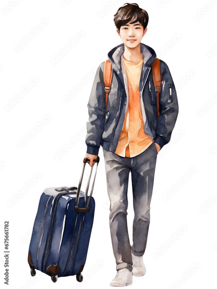 Watercolor of a handsome man carry luggage on white background. A travel guy isolated. 