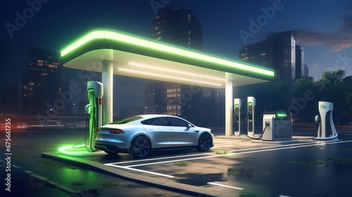 Ev charging station, green energy power, ev charging station in green with cloudy sky in the style of retro-futuristic. © inthasone