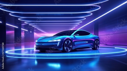 futuristic electric car charger charging, in the style of 3D rendered, neon black background.