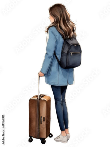Watercolor woman in jeans and blue jacket on white background. Isolated travel lady. 