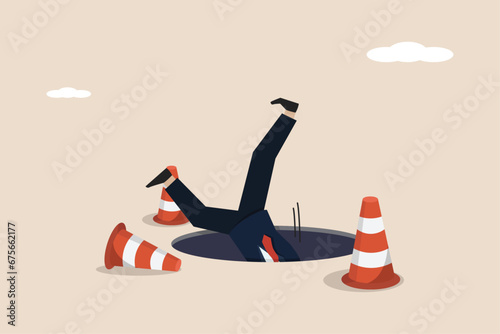 Failure or mistake leading to disaster despair, problems from crisis, business accident, frightened businessman falling into a hole.