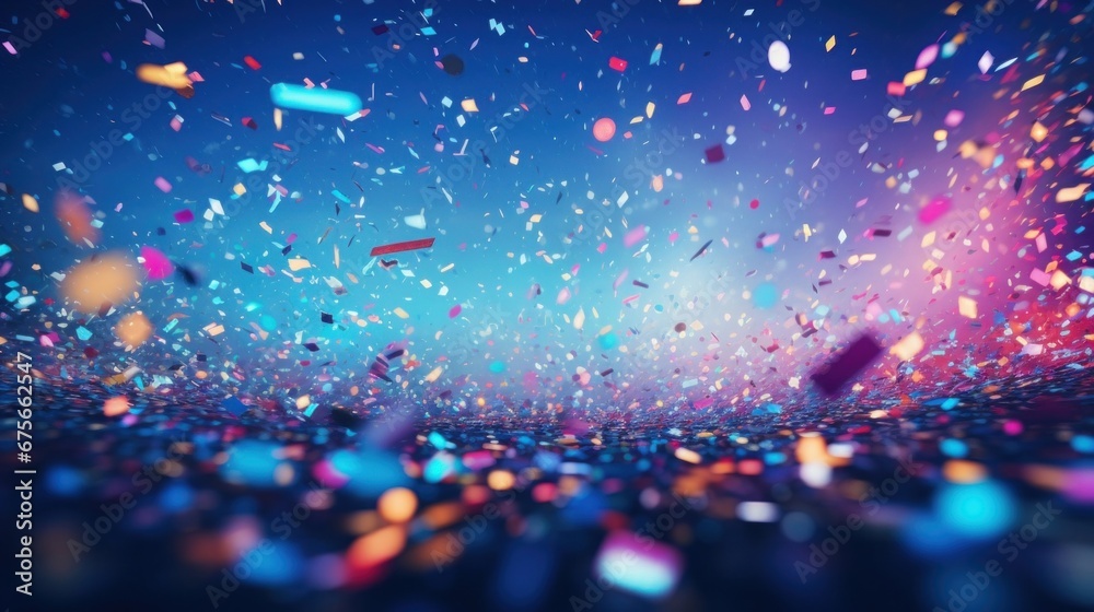 A festive and colorful party with flying neon confetti on a blue background - obrazy, fototapety, plakaty 