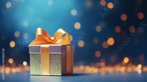 Golden gift present on a light dark blue background with colorful bokeh and stars glittering © tashechka