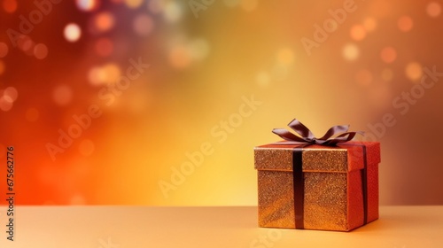 Golden gift presents on a light dark red background with colorful bokeh and stars glittering © tashechka
