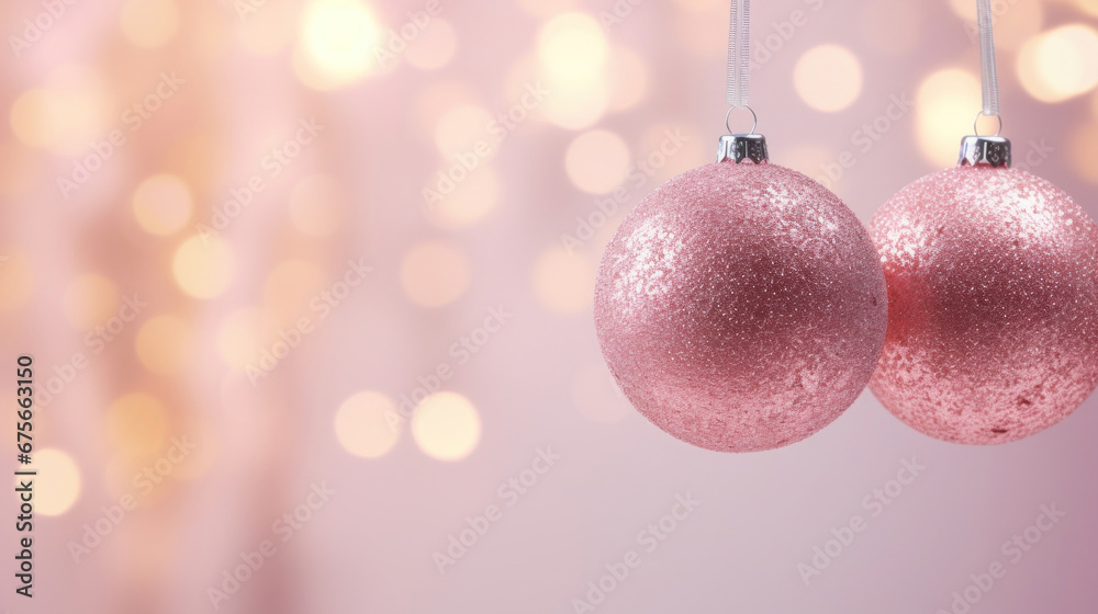 Fototapeta premium Pink Christmas decorative balls hanging on bokeh lights soft background