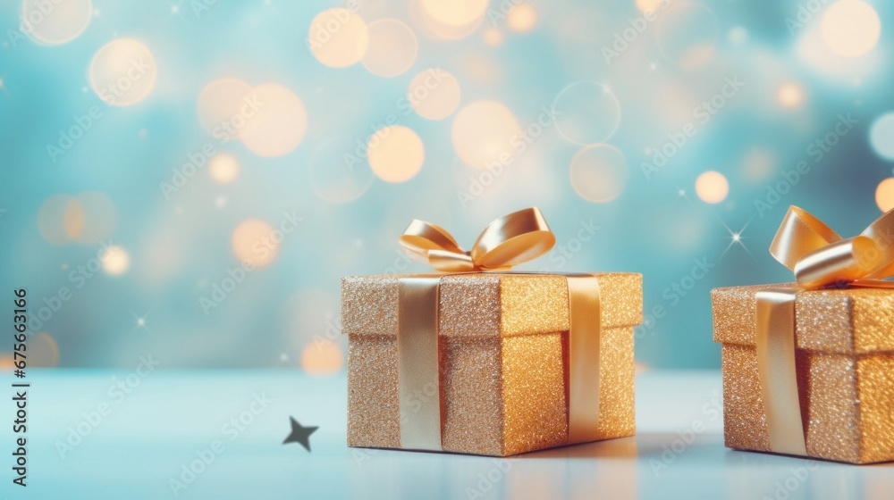 Golden gift presents on a light blue background with colorful bokeh and stars glittering Golden gift presents on a light blue background with colorful bokeh and stars glittering