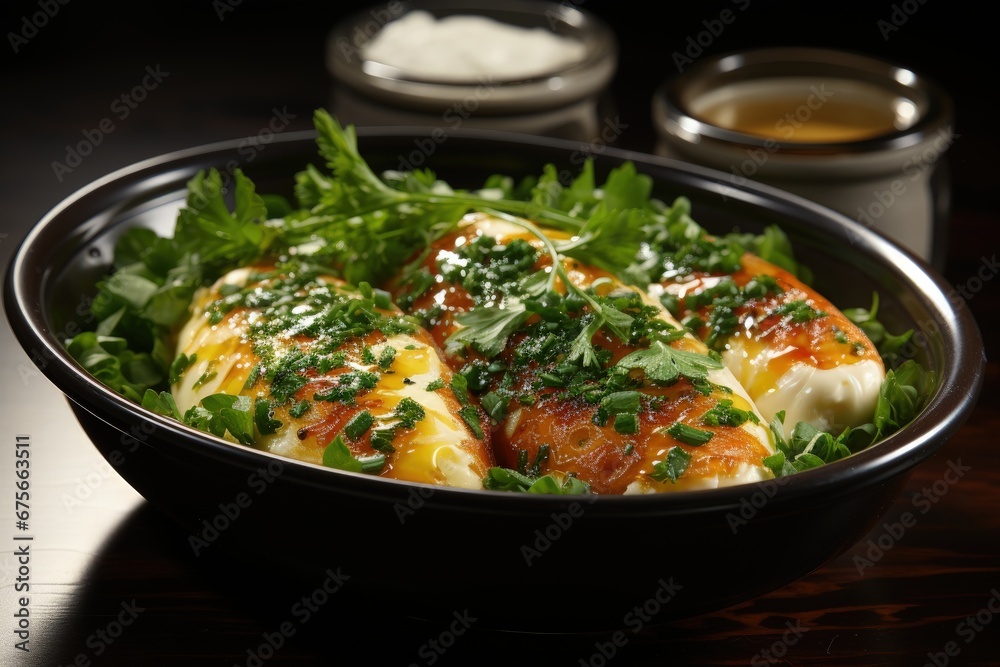 Rustic omelet in a pan on wooden plate with parsley.
Rustic omelet in a pan on wooden plate with parsley.