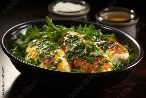 Rustic omelet in a pan on wooden plate with parsley. 
