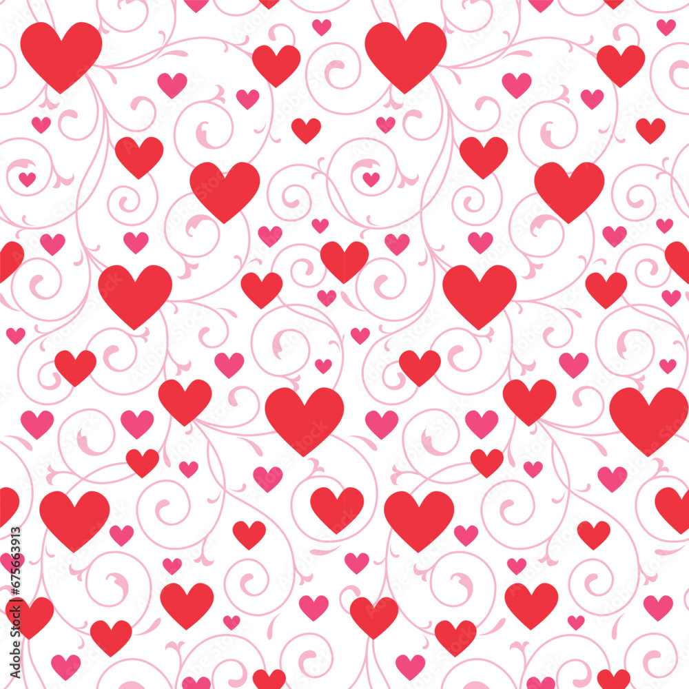 Seamless Pattern of Valentines Day Hearts and Swirls- Valentines Day Vector Illustration