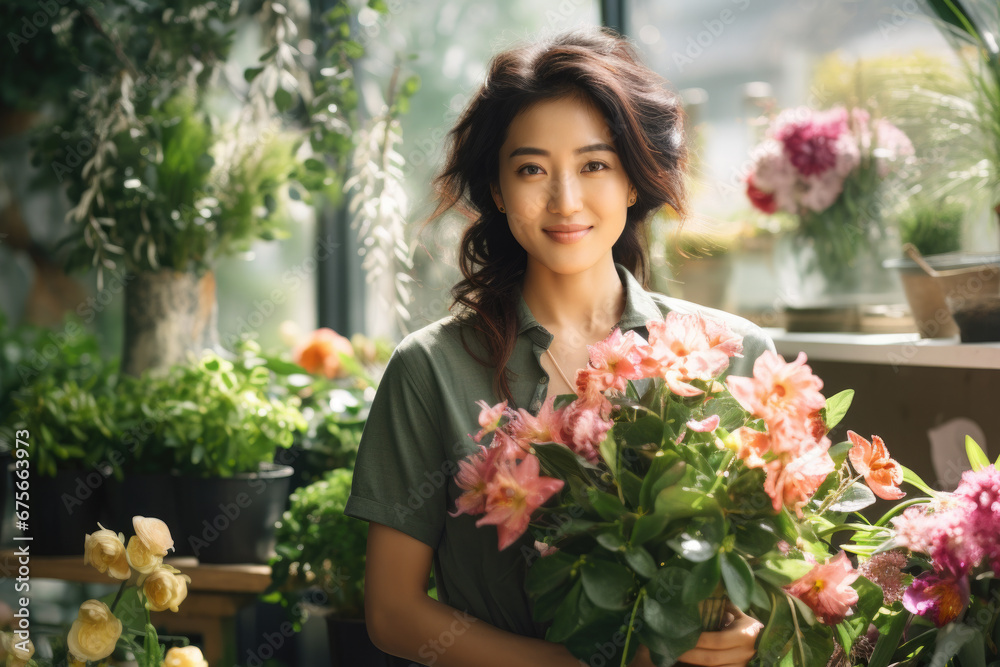 Woman is seen holding beautiful bunch of flowers in greenhouse. Gardening, nature, beauty, or love for flowers. Websites, blogs, or articles related to gardening, floristry, or indoor plants.