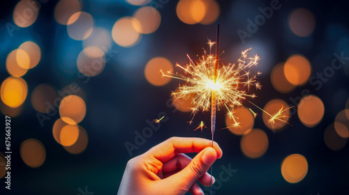 Woman hand holding sparkler on bokeh background. New Year and Christmas concept
