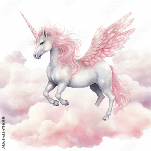 Pink Unicorn Above The Clouds Illustration, Generative Ai