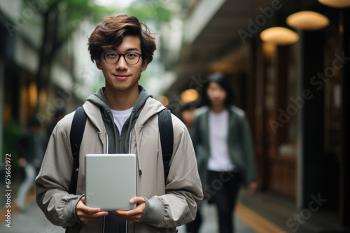 Young man holding laptop computer in his hands. Perfect for technology and business concepts.