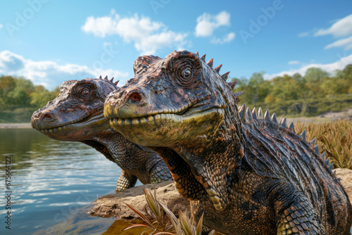 two ancient dinosaur reptiles in the water