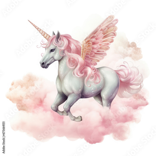Pink Unicorn Above The Clouds Illustration  Generative Ai