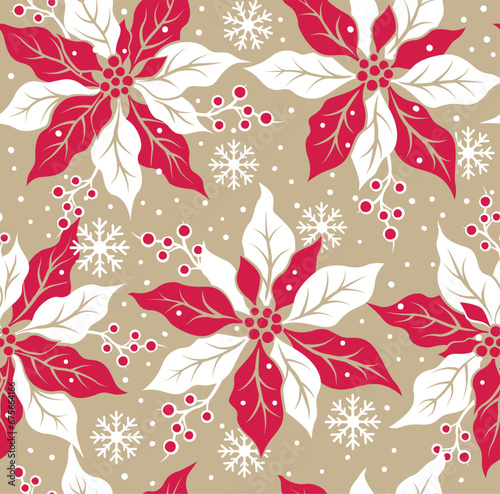Seamless Pattern of Christmas Poinsettia Flower with White Snowflakes- Christmas Vector Illustration