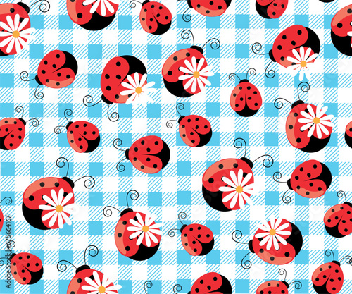 Seamless Pattern of Spring Flowers and Lady bugs with Plaid Check Background- Spring Vector Illustration