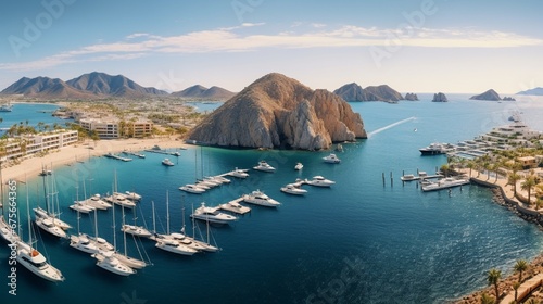 Aerial panoramic view of Lands End and El Arco at the tip of Baja California Sur, with the Cabo San Lucas, Mexico marina in the background photo