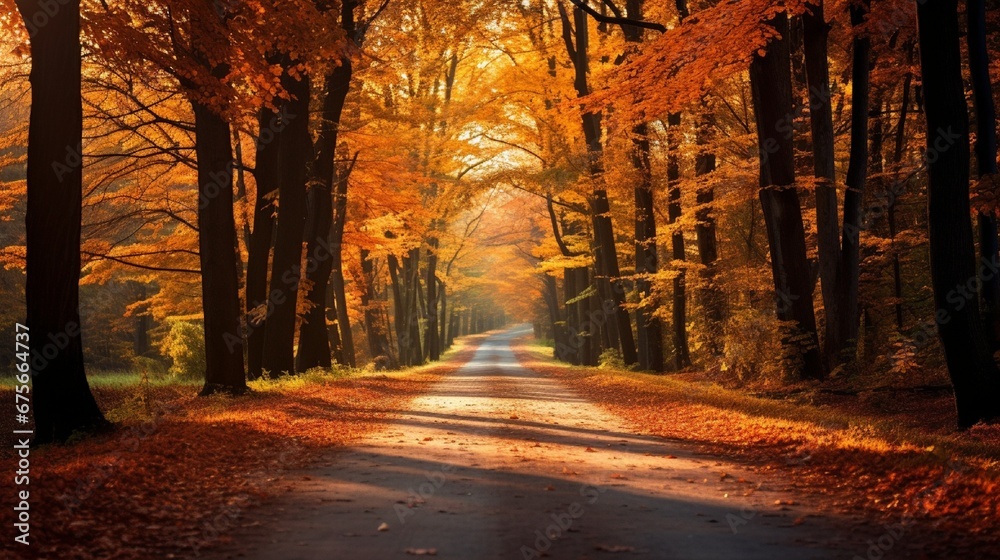 Autumn forest road in autumn leaves background