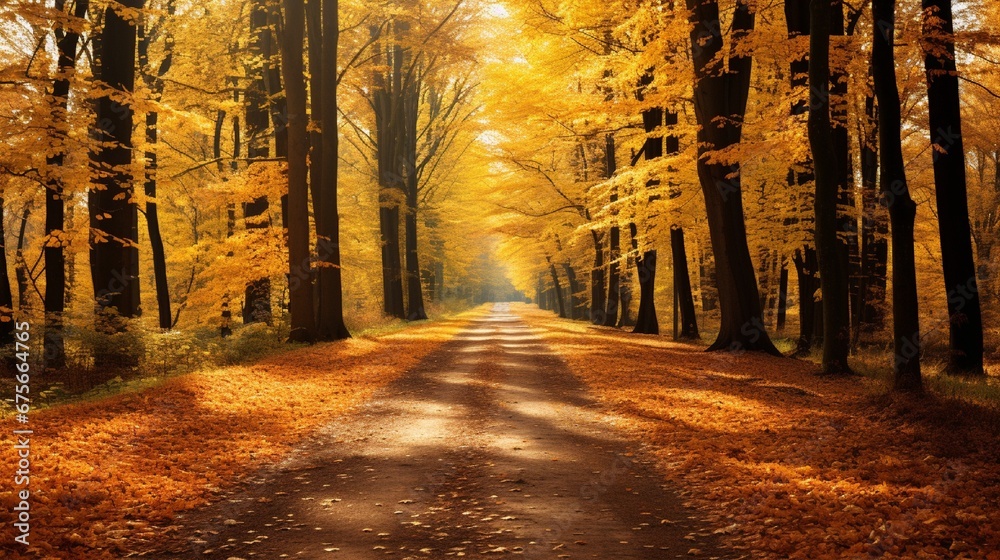 Autumn forest road in autumn leaves background