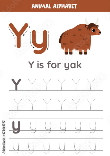 Tracing alphabet letters for kids. Animal alphabet. y is for yak.