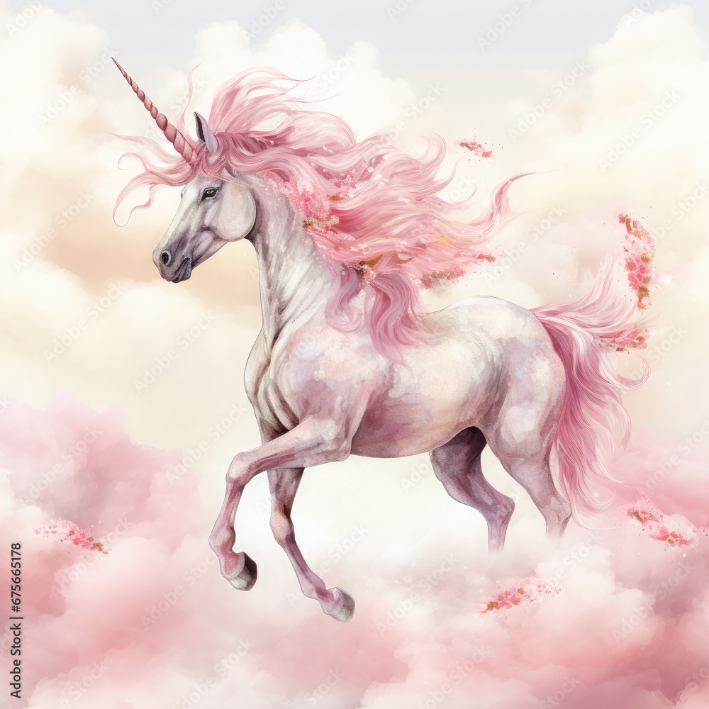 Pink Unicorn Above The Clouds Illustration, Generative Ai Pink Unicorn Above The Clouds Illustration, Generative Ai