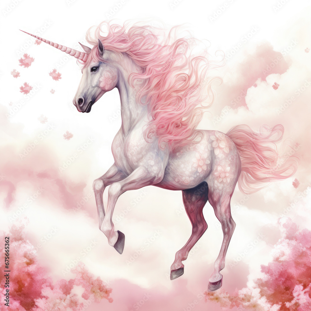 Naklejka premium Pink Unicorn Above The Clouds Illustration, Generative Ai