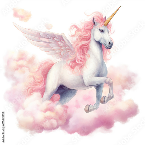 Pink Unicorn Above The Clouds Illustration, Generative Ai © Creative Artist